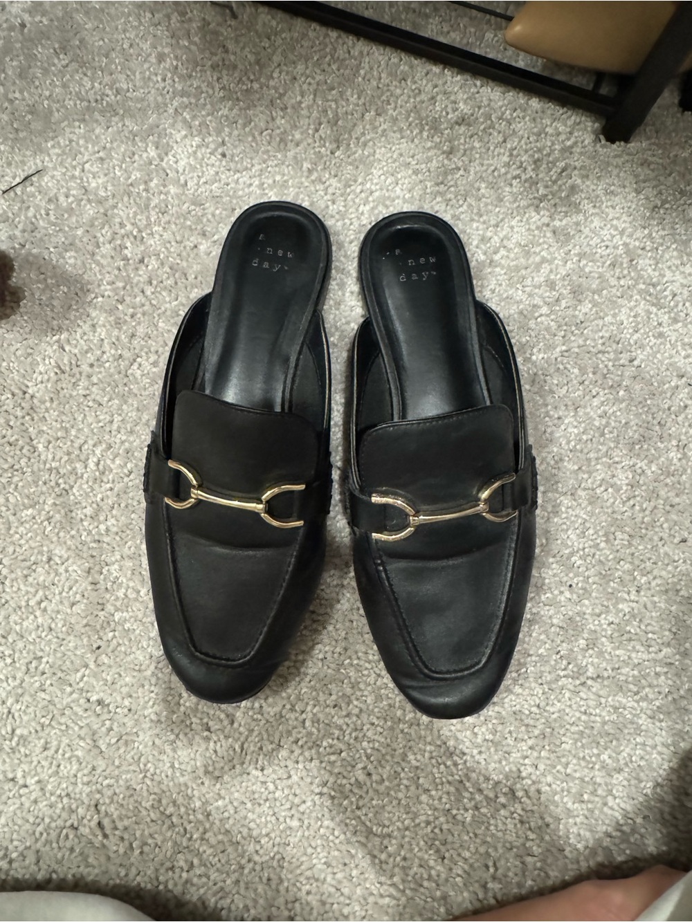 a new day Black Leather Slip-On Mule Loafers with Gold Bit